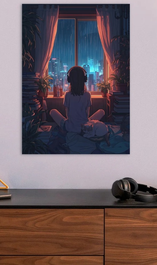 Girl Listening to Music in Rainy City